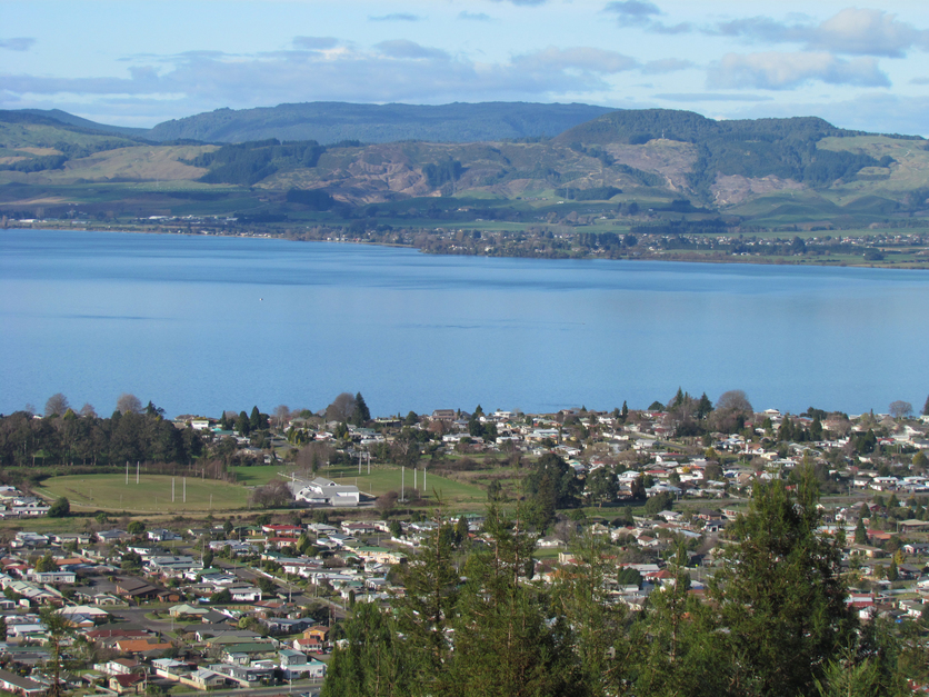 Rotorua urban area and lake, New Zealand.