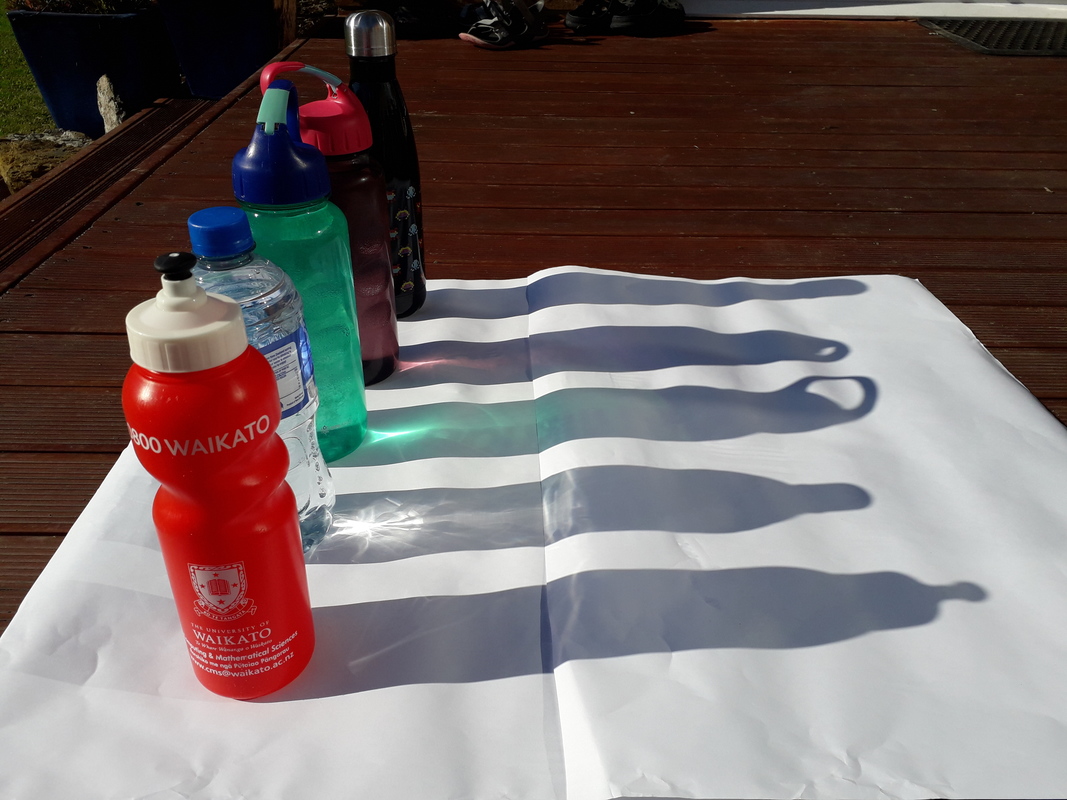 5 opaque and translucent drink bottles and their shadows