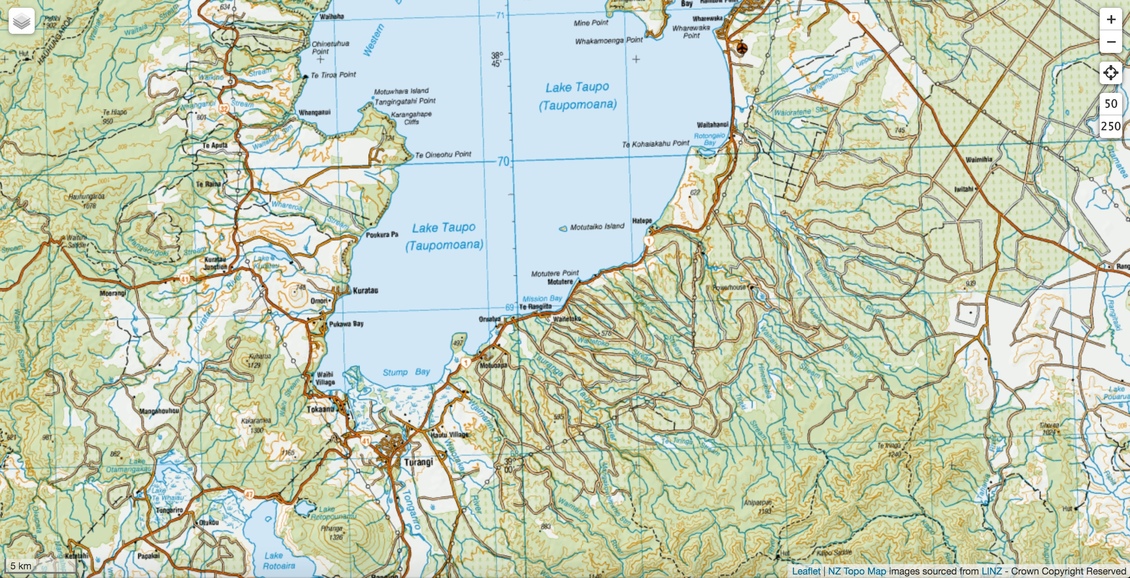 Topographic map of the southeastern section of Lake Taupō. 