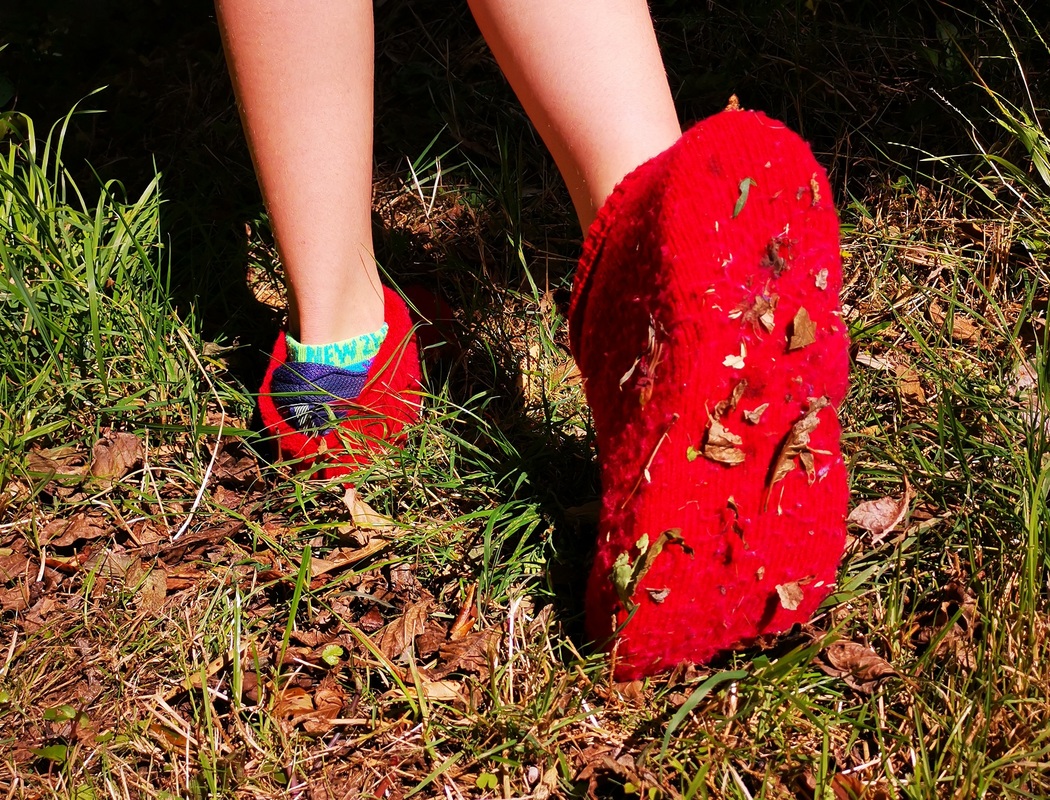 Child's feet wearing red socks, walking through grass.
