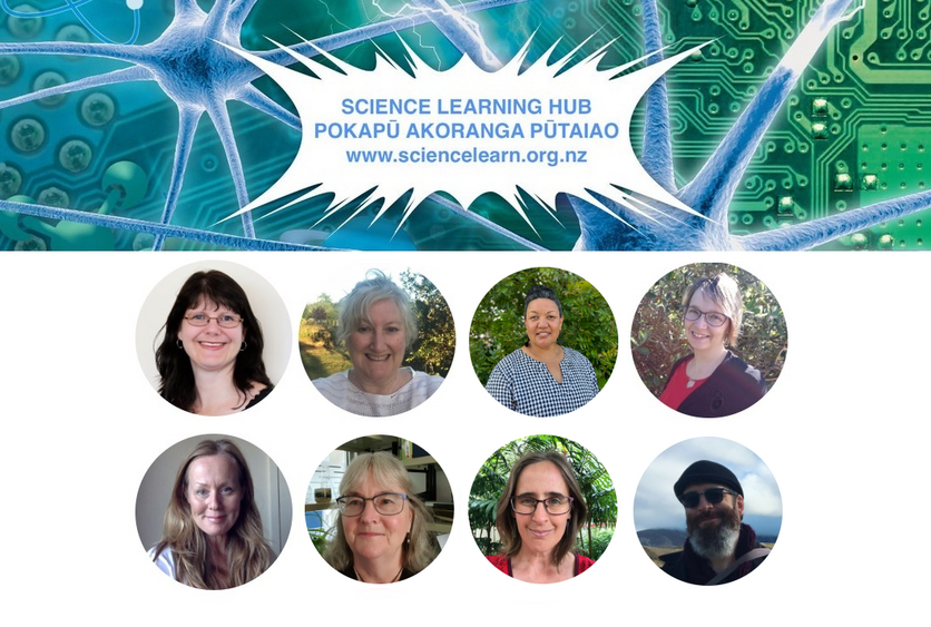 The Science Learning Hub logo and 6 team photos in circle