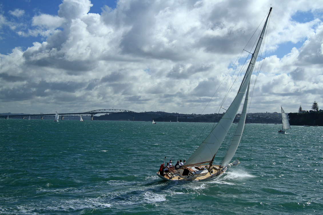 Yachts sailing on ocean, Auckland Harbour Bridge in background.