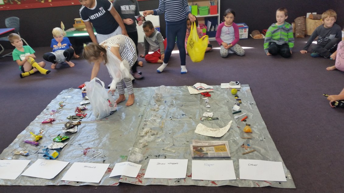Young students sort rubbish and categorise in a floor bar chart