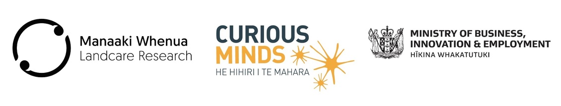 Manaaki Whenua – Landcare Research, Curious Minds, MBIE logos