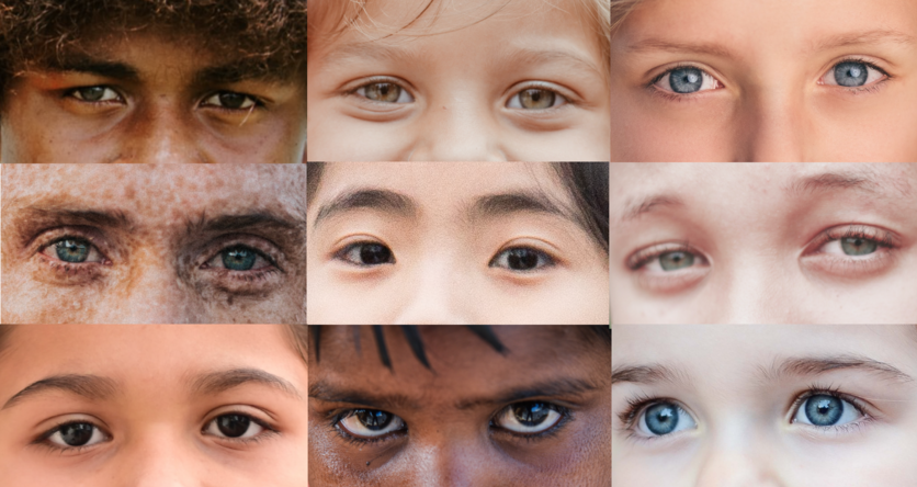 Nine close up images of different human faces focus on eyes.