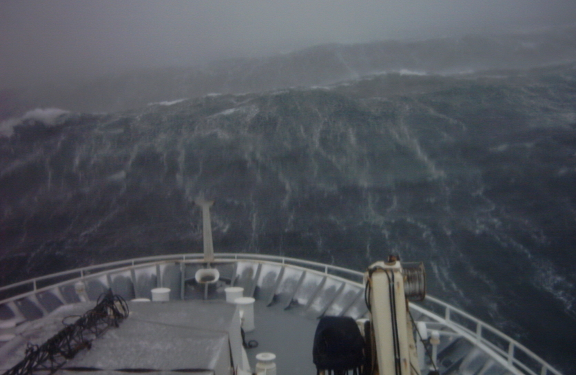 The RV Tangoroa battles through a storm in the Southern Ocean.