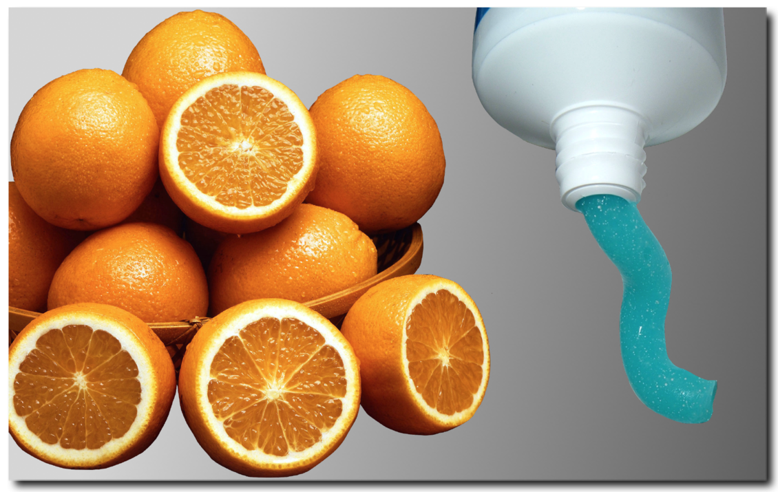 A selection of oranges and Toothpaste squeezed out of tube.