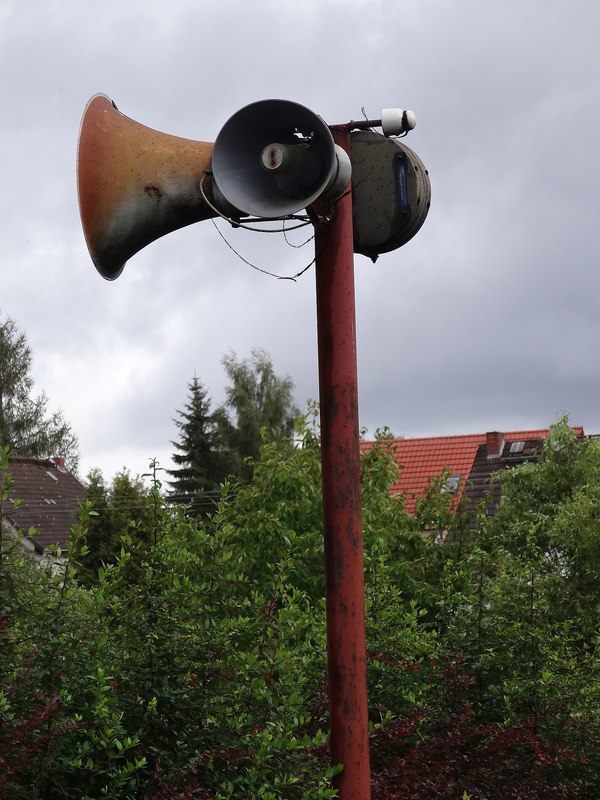 Horn speakers in Immenrode (Werther), Thuringia, Germany. 