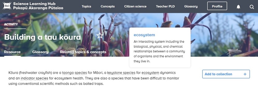 Screenshots of glossary term pop-up on the Science Learning Hub