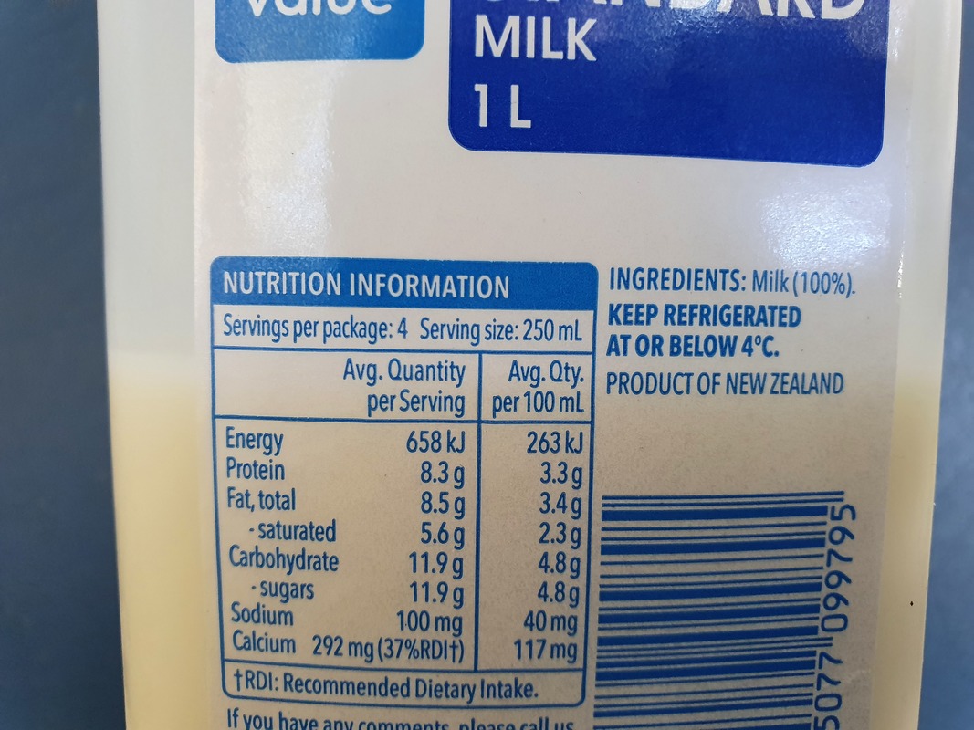 New Zealand milk bottle label with nutrition, ingredients etc.