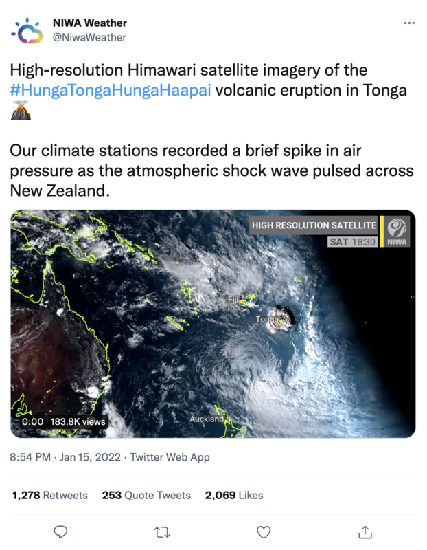 NIWA Weather tweet Hunga Tonga–Hunga Ha'apai volcanic eruption