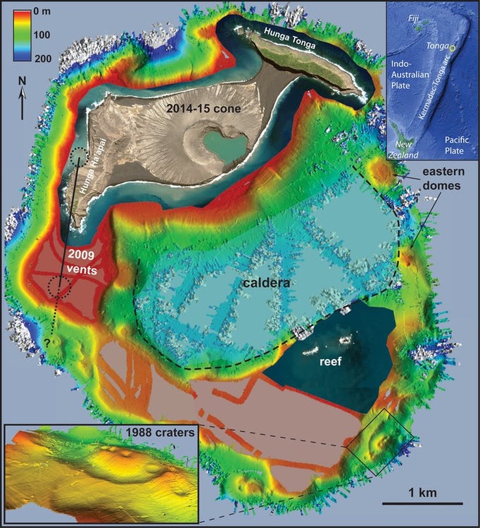 Hunga Tonga–Hunga Ha'apai volcano area seafloor map