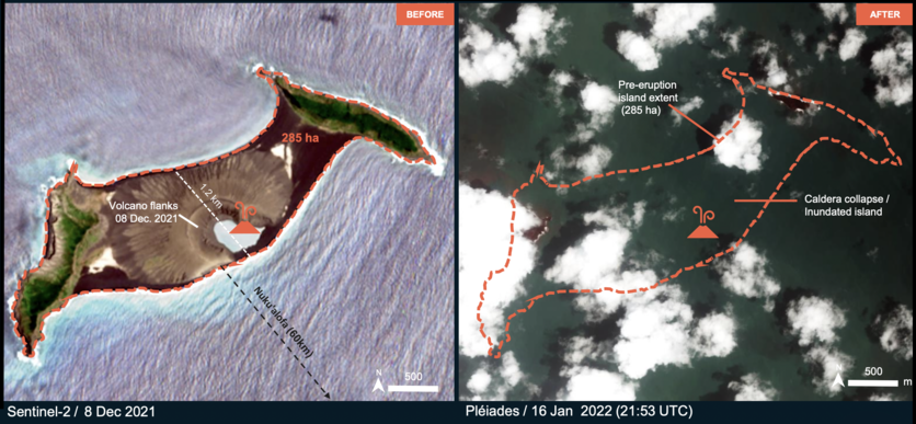 2 satellite images of changes Hunga Tonga-hunga Ha’apai volcano