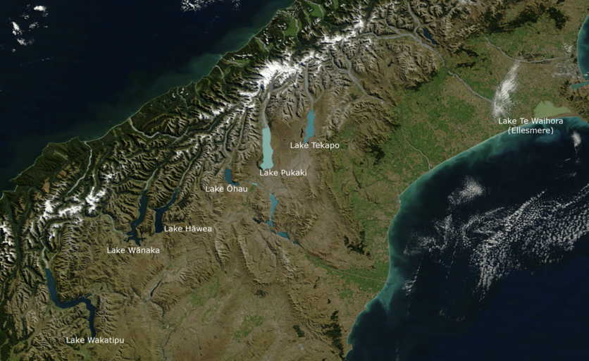 Satellite image of some of the lakes and rivers South Island, NZ