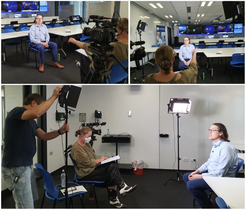 3 images showing an interview being filmed. 