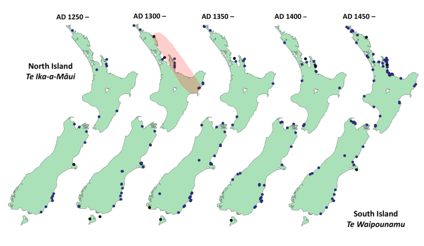 Map of New Zealand archaeological sites from 1250. 