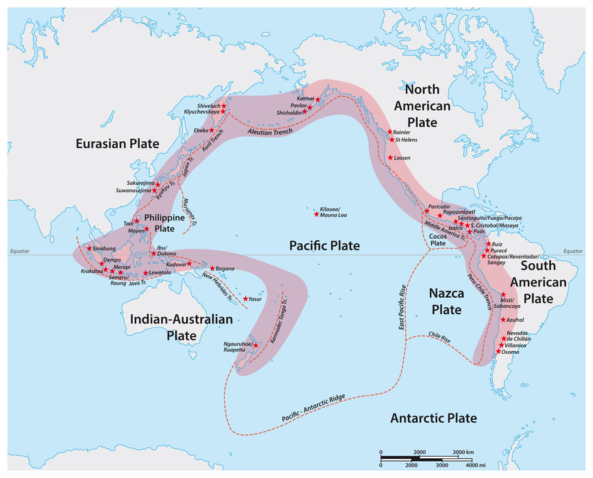 Map of the Pacific Ring of Fire with the main volcanoes.