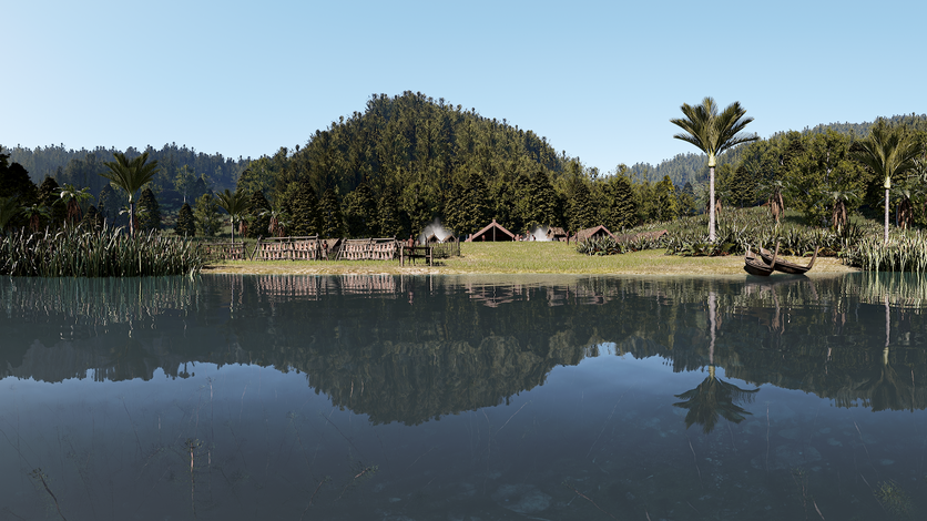 Lake with drying racks, waka and marae, New Zealand.
