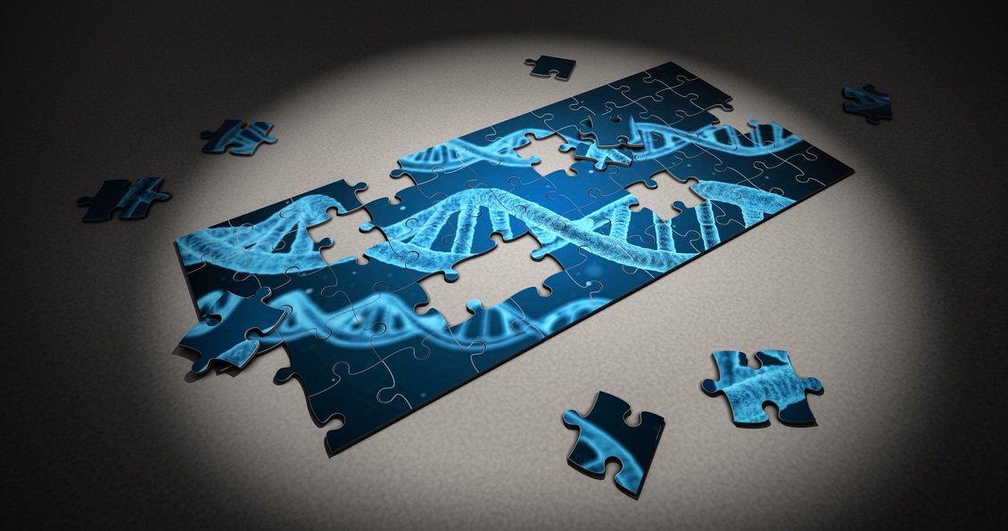 Puzzle of DNA double helix with missing pieces.