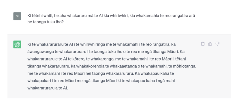ChatGPT response about the use of AI to harvest te reo Māori.