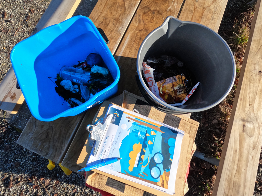 Two buckets with litter and clipboard
