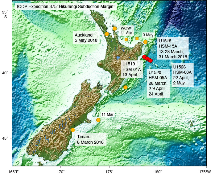 Annotated map of JOIDES research ship journey New Zealand