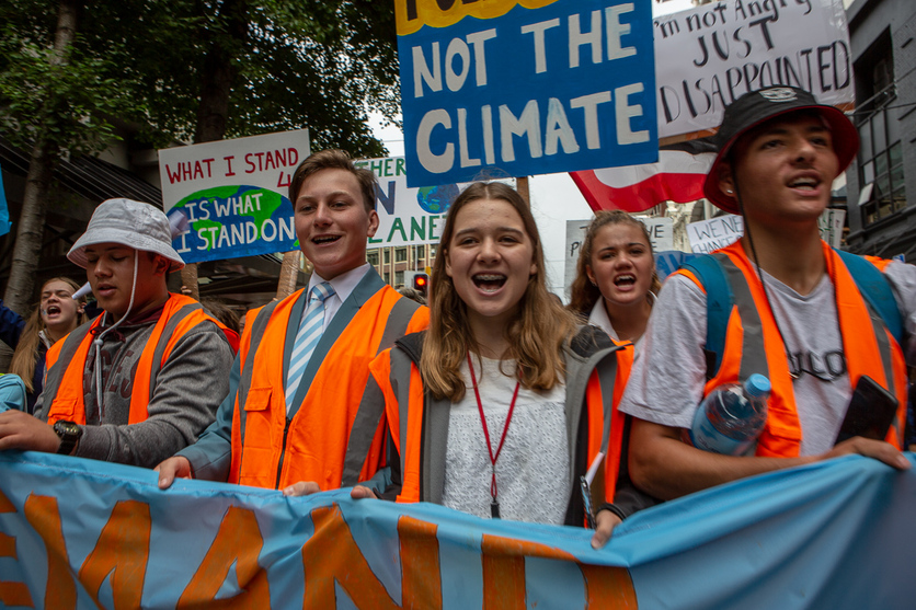 Young people with climate protest banner in Wellington, NZ