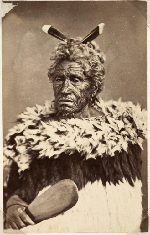 Māori chief wearing a cloak made of kurī hide, with huia feather