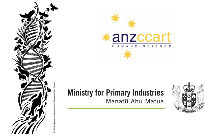 A silhouette with animals and DNA and two logos
