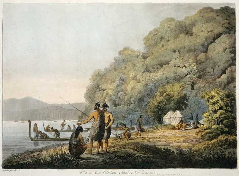 Men with fishing poles & fish, onshore and in waka, 2 tents, NZ