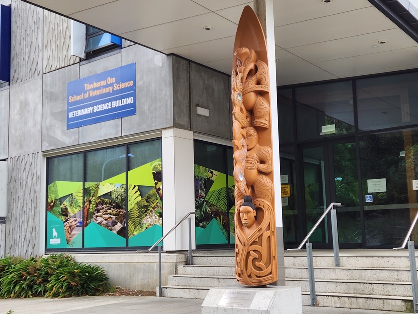 University building, entrance sign and pou whakairo: carved pole