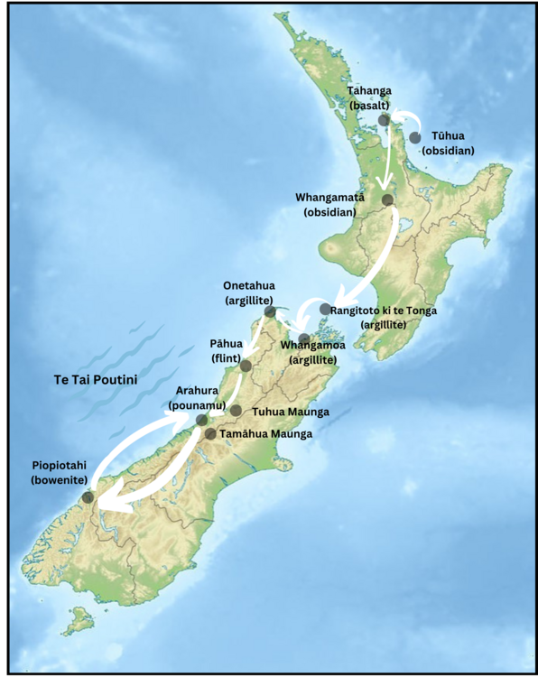 map of ancient stone sources in New Zealand