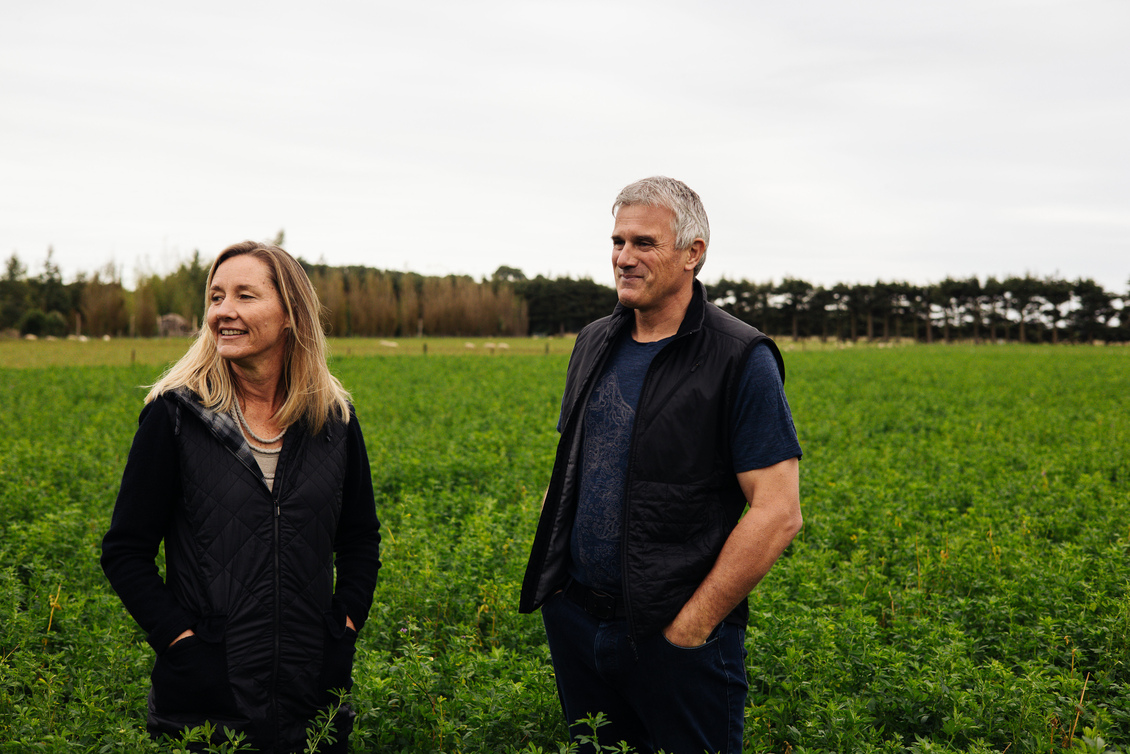 Two people in a field of green plants