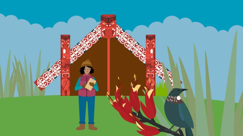 Graphic of a marae, person with a clipboard and tūī