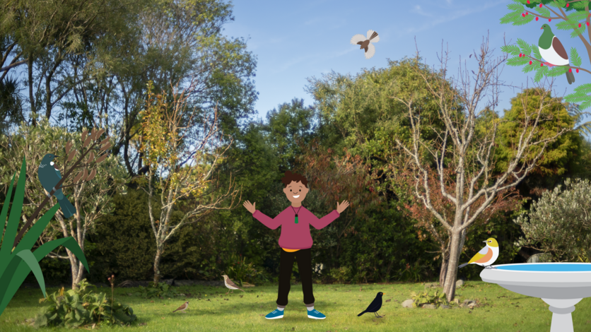 Cartoon child stands in backyard with trees and birds 