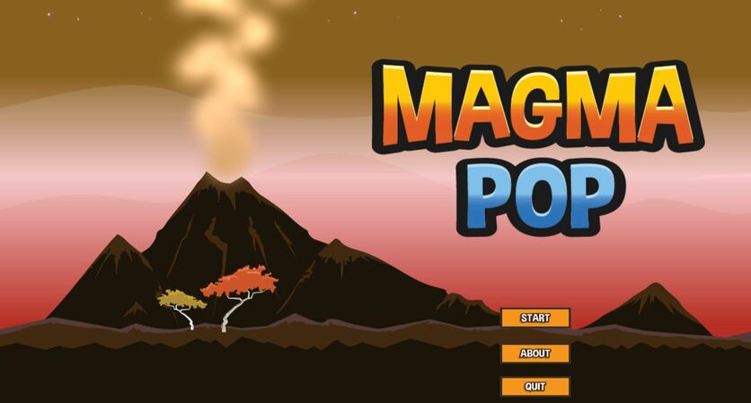 Screenshot of game with title and a smoking volcano.