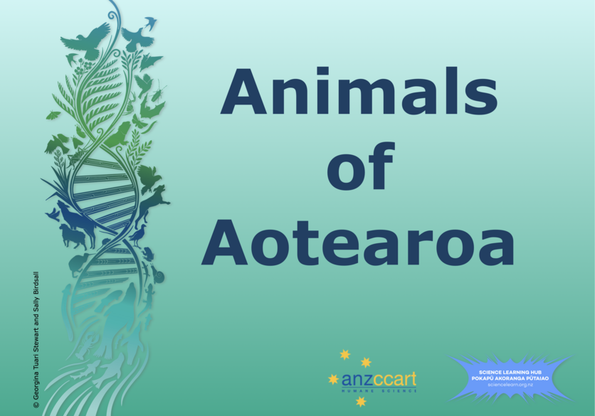 A silhouette of DNA strands with animals and text