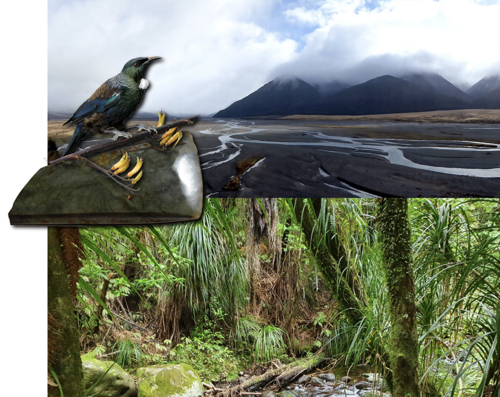 Bird, mountain range, Pounamu adze and forest at river’s edge