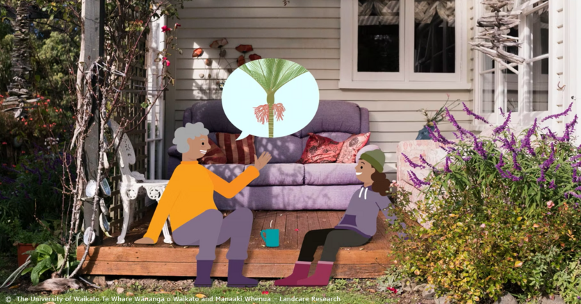 Older woman talking to a child outside a house in garden