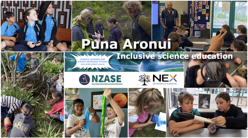 Students and teacher collage with logo of Science Learning Hub
